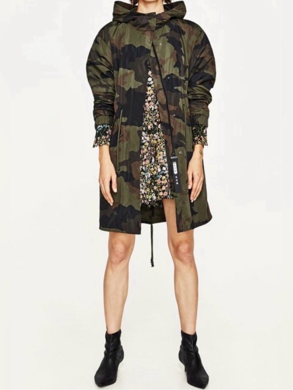 zara camo green anorak long jacket hooded coat